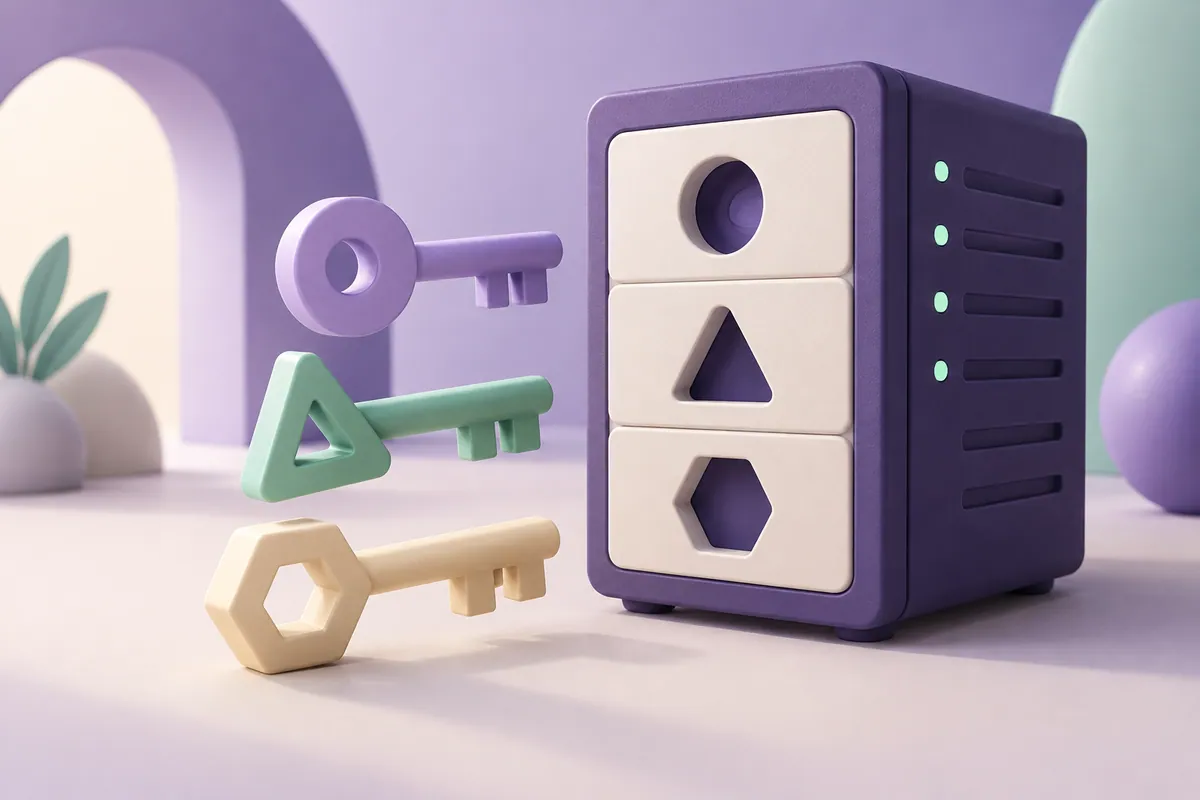Three differently shaped keys fit matching sockets on a server.