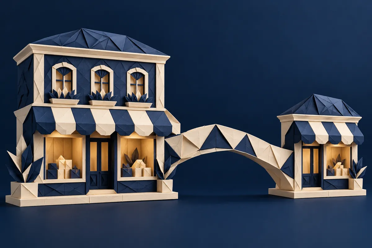 Two navy and cream folded-paper storefronts are linked by a faceted paper bridge.
