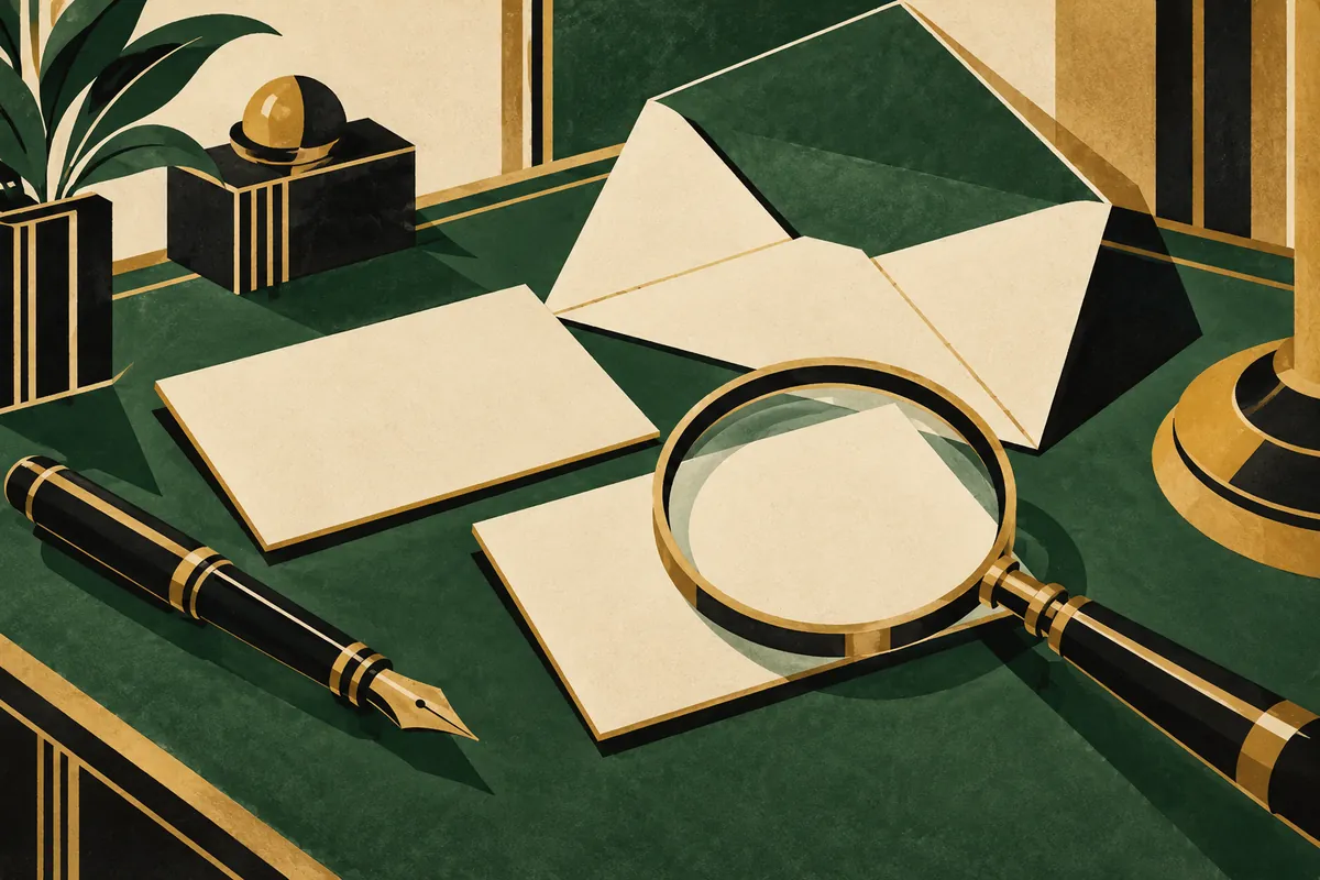 Art Deco stencil illustration of blank stationery, a fountain pen and a magnifying glass on a green desk
