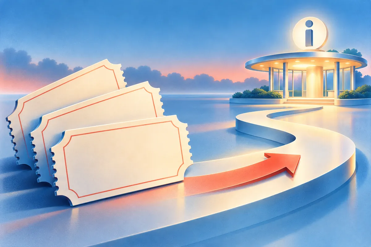 Airbrushed event tickets and a coral arrow leading along a curved path to an information pavilion