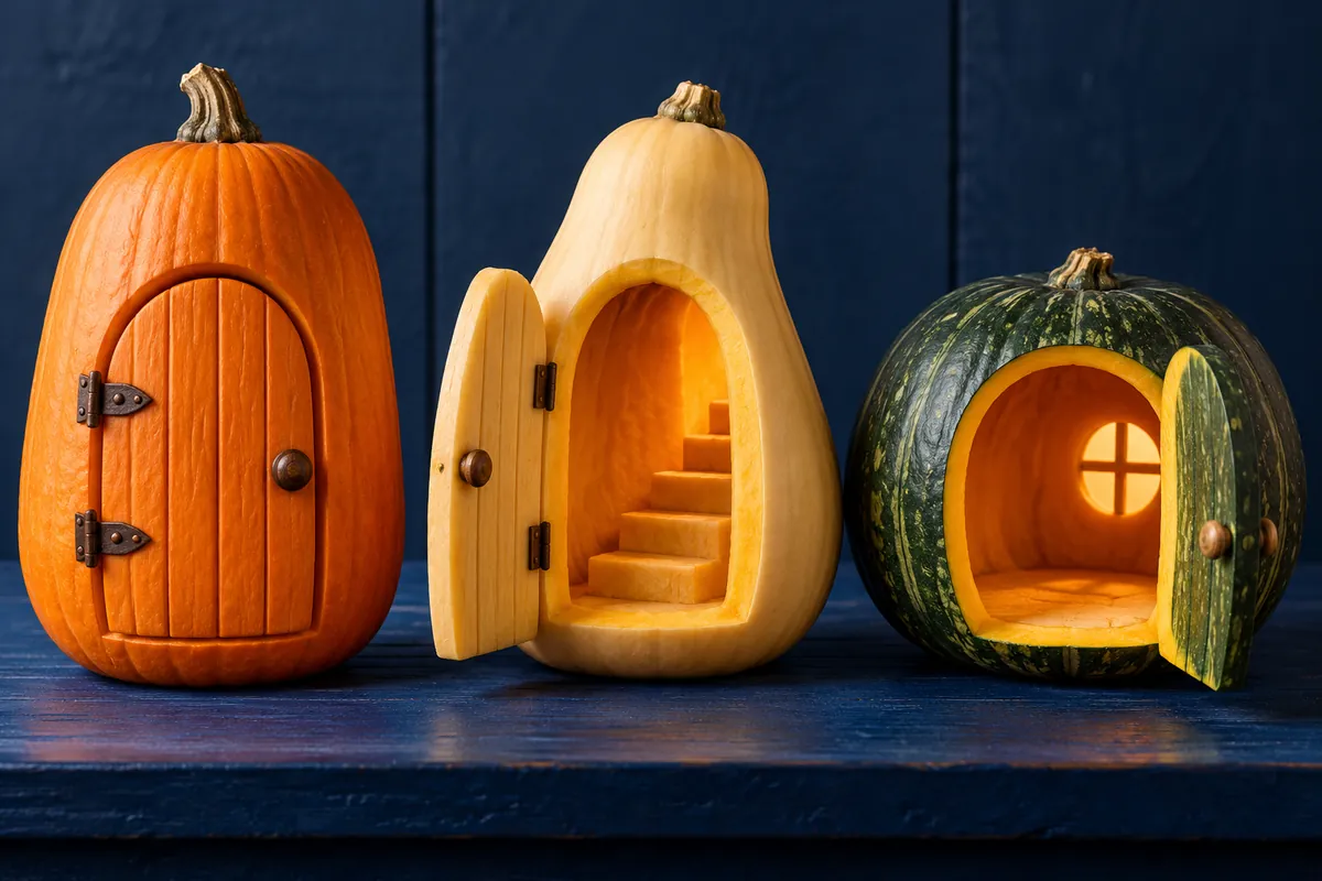 Three carved squash doorways offer one closed entrance and two open alternatives.