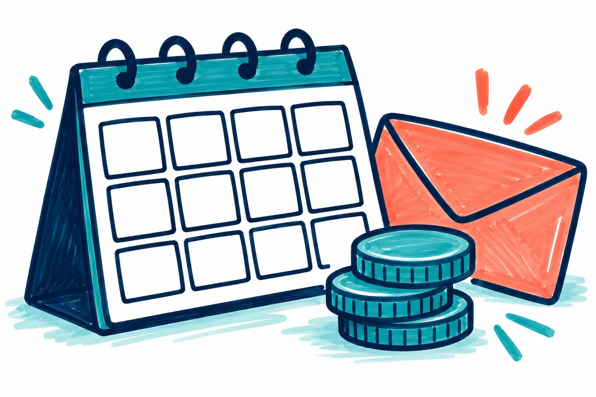 A marker drawing places a blank calendar beside a savings envelope and three stacked tokens.