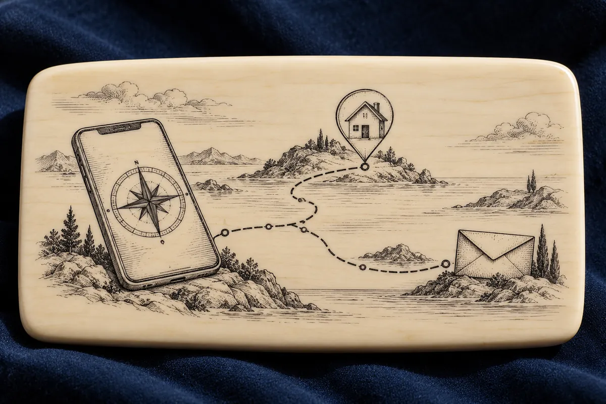 An engraved resin plaque links a compass on a phone to a house marker and an envelope.