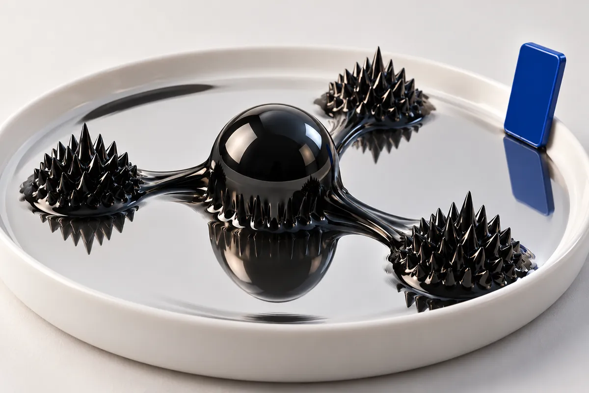 Glossy magnetic fluid connects three spiked mounds to a central sphere beside a blue phone-shaped tile.