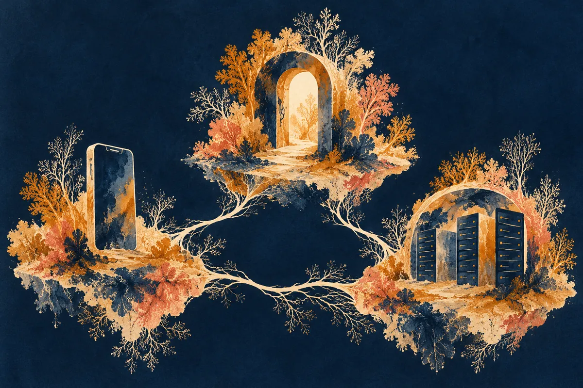 Branching painted paths connect separate islands holding a phone, a doorway and server shapes.