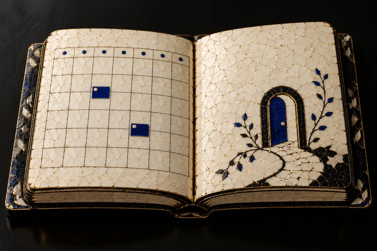 An eggshell-mosaic diary shows a calendar grid with two blue appointment markers and a small blue doorway.