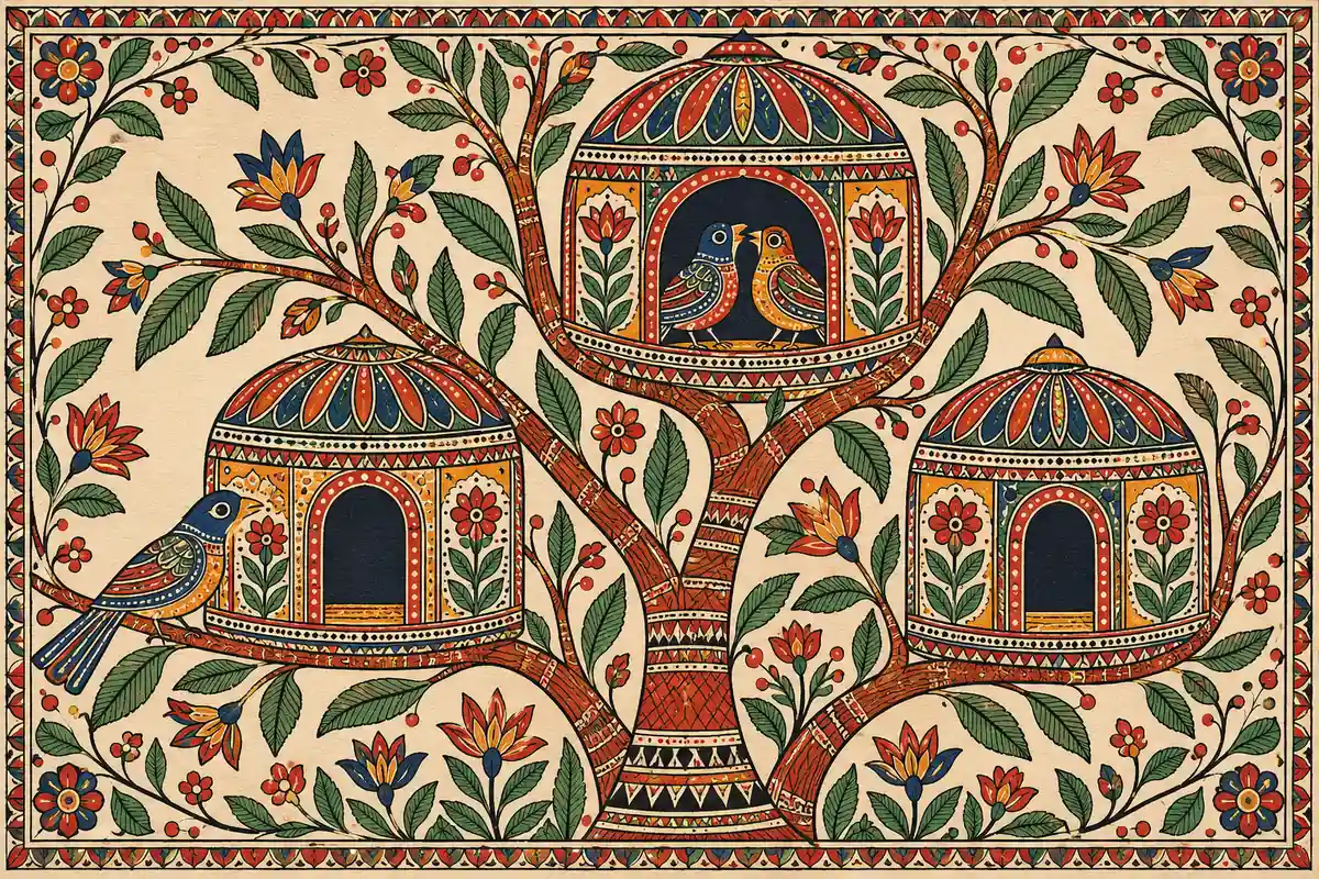 Patterned birds and three separate garden pavilions fill the branches of a decorative folk-art tree.