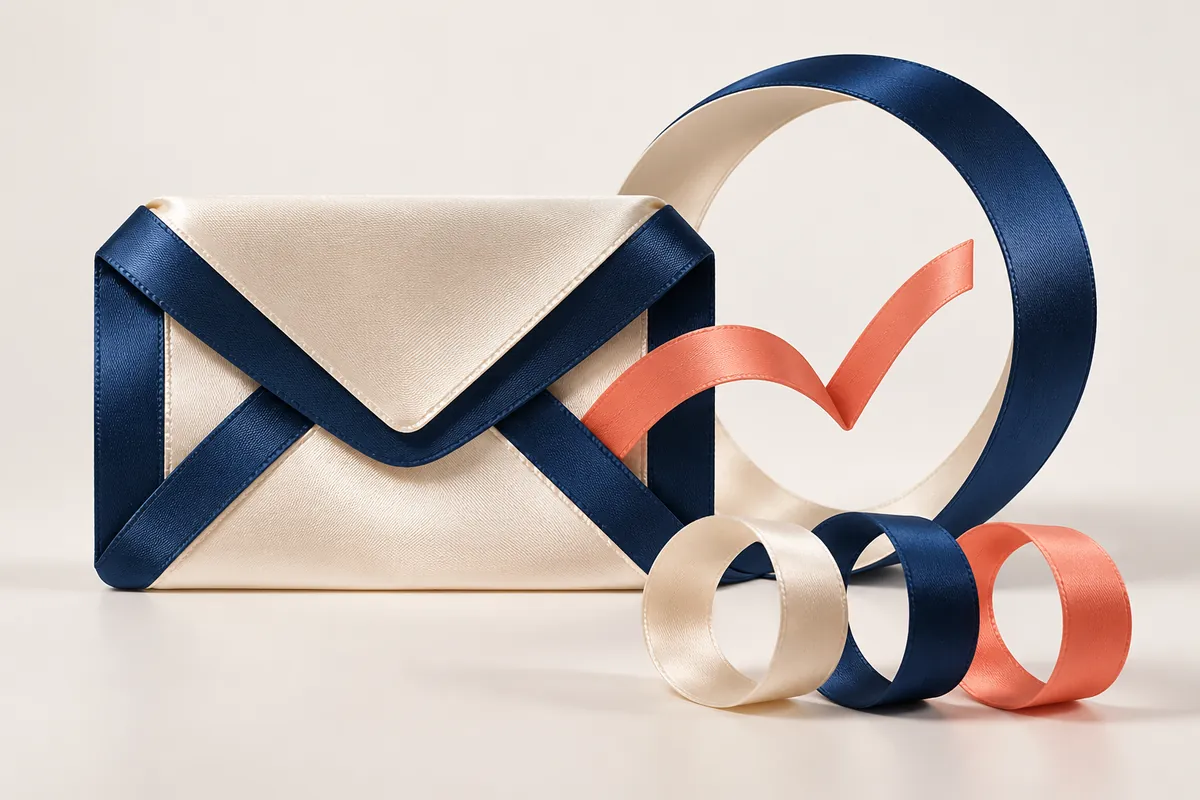 Navy and ivory satin ribbons form an envelope beside an open circular frame and three small loops.