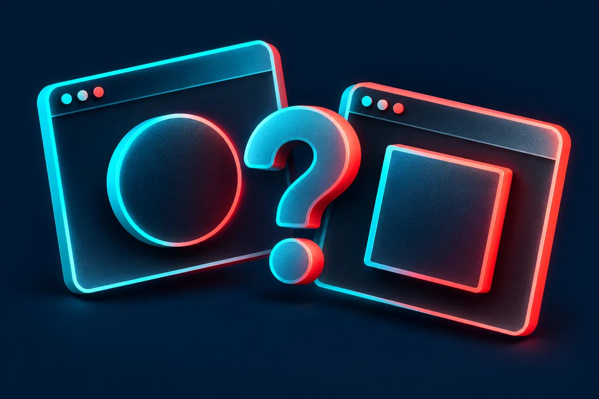 Offset cyan and coral window outlines surround a question mark on a navy background.