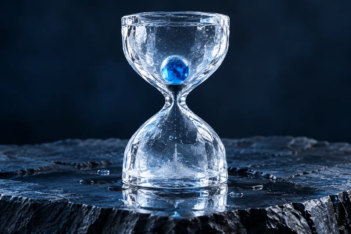 A clear ice hourglass containing a blue sphere rests on dark slate with a small pool of water.