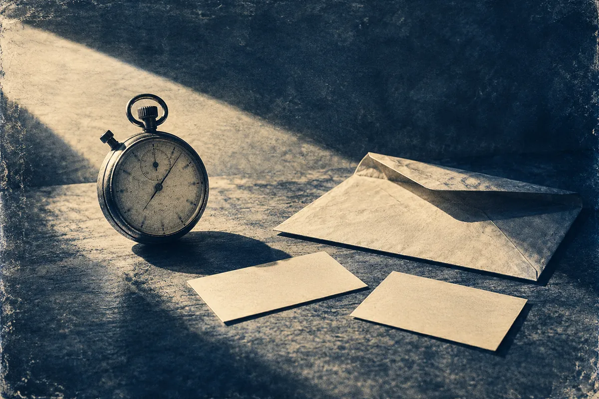 A stopwatch, open envelope and two plain choice cards appear in a blue photographic print