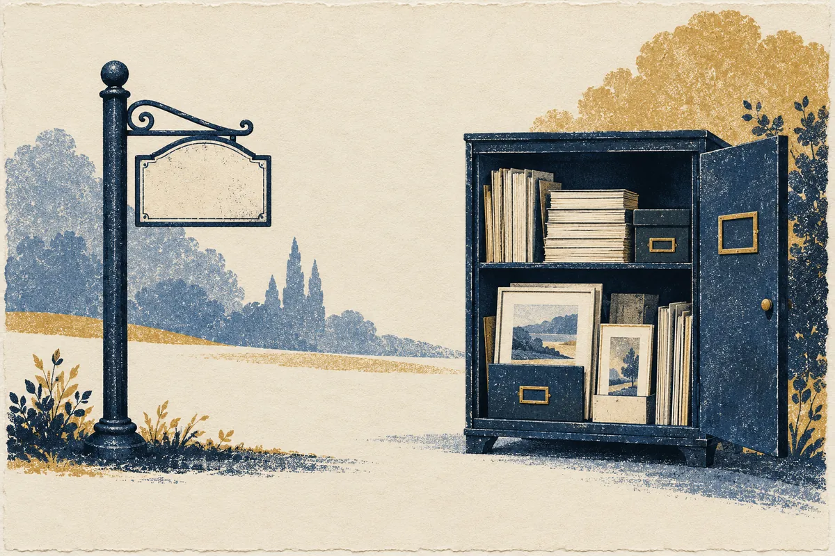 Textured blue and ochre print of a blank sign beside a separate cabinet of documents and pictures.