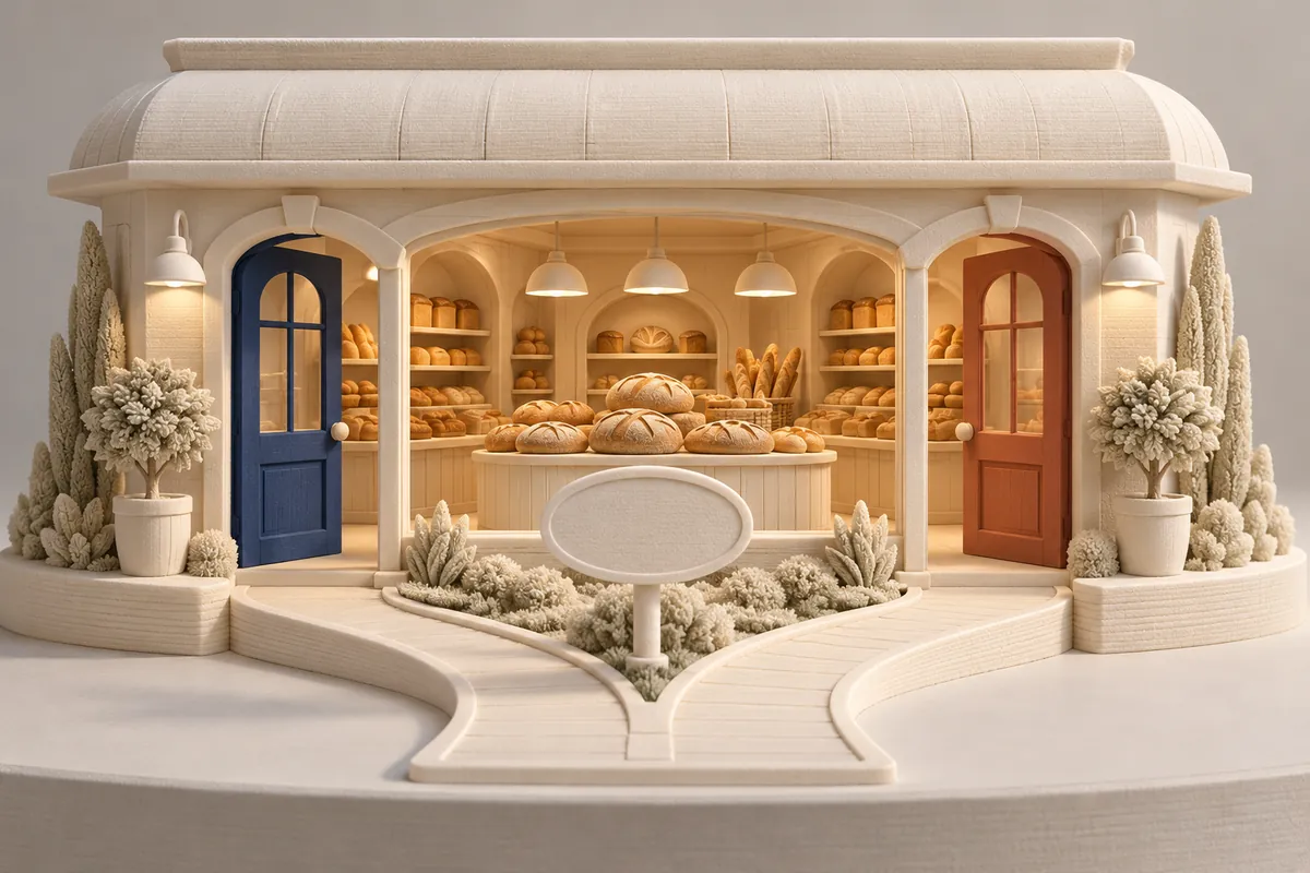 A cream foam bakery model has blue and terracotta doors leading to one bread display.