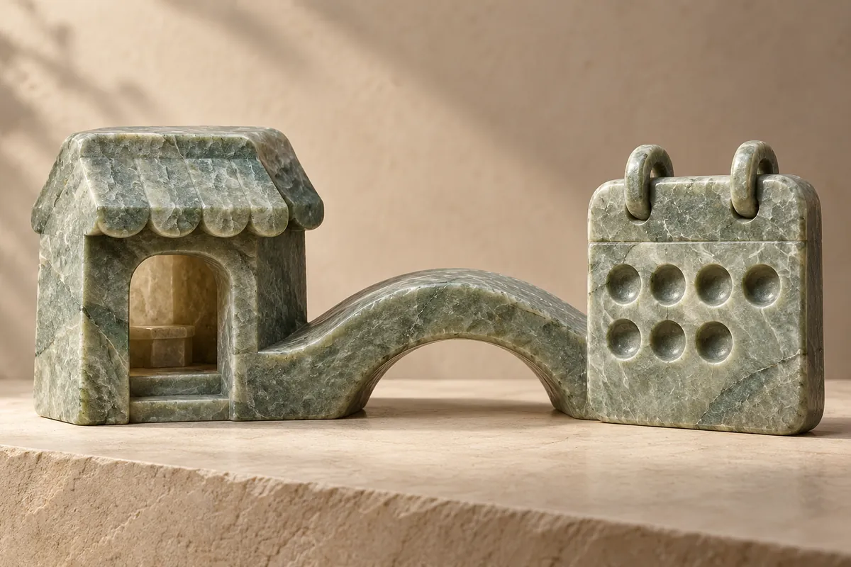A carved soapstone shop doorway connects by a curved bridge to a calendar-shaped stone slab.