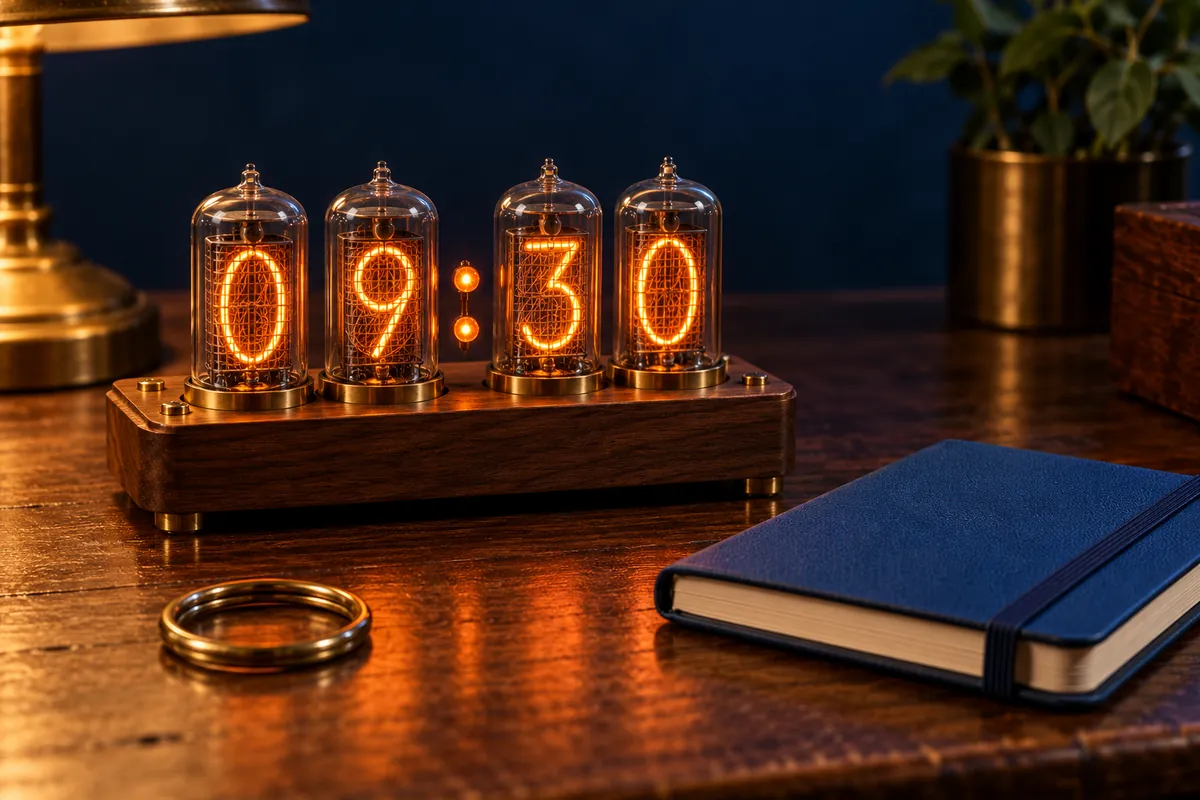 An orange Nixie clock displays 09:30 beside a closed blue notebook and a plain brass keyring.