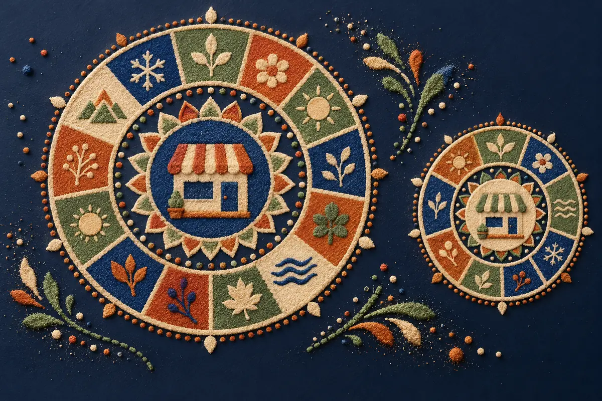 Two coloured-sand shop motifs each sit inside a separate circular ring of seasonal panels.