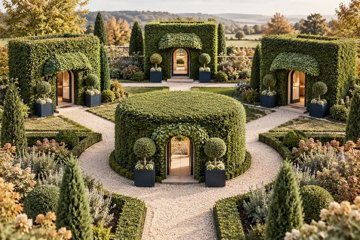 Topiary shopfronts surround a central hedge entrance, linked by pale gravel paths.