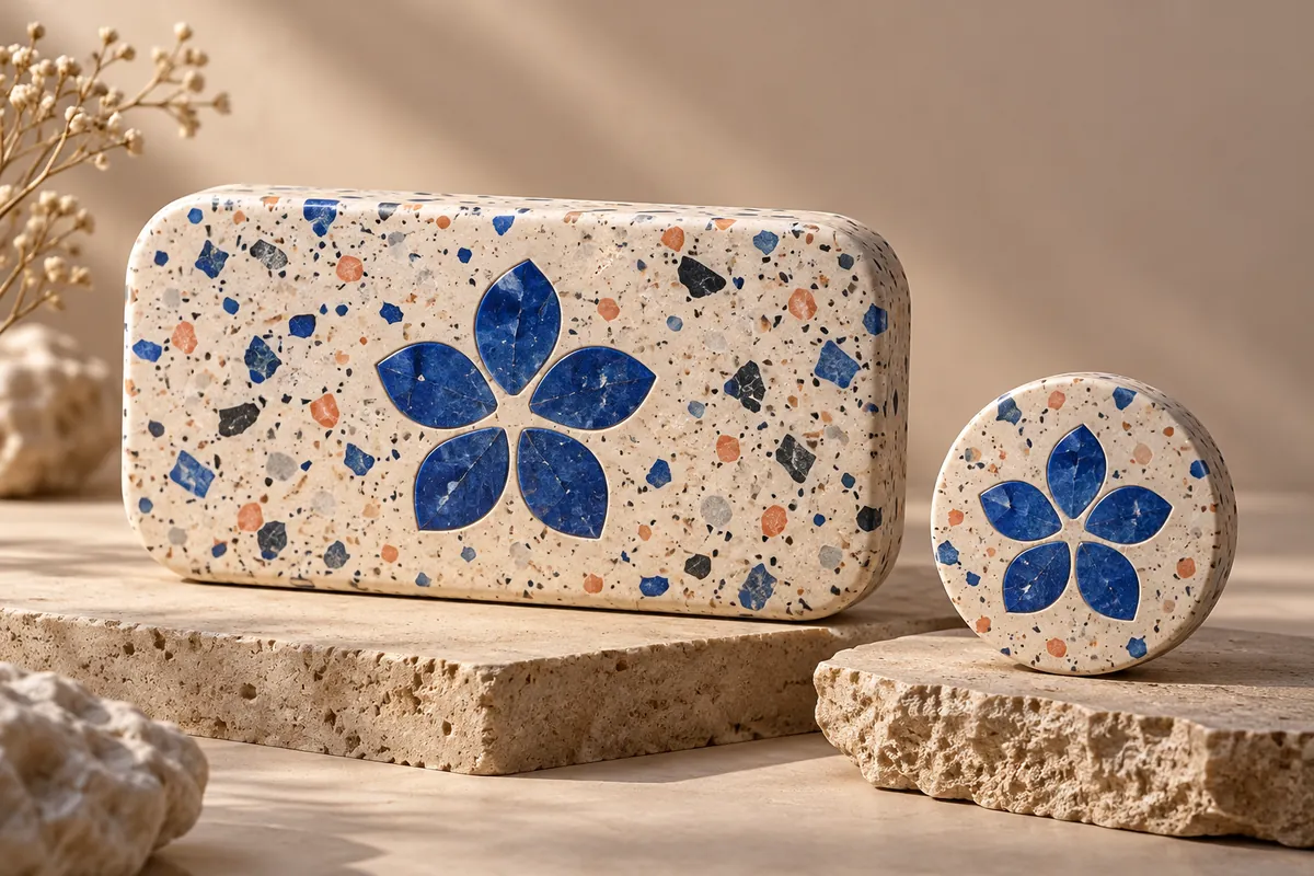 A rectangular terrazzo tile and round medallion carry matching blue flower motifs