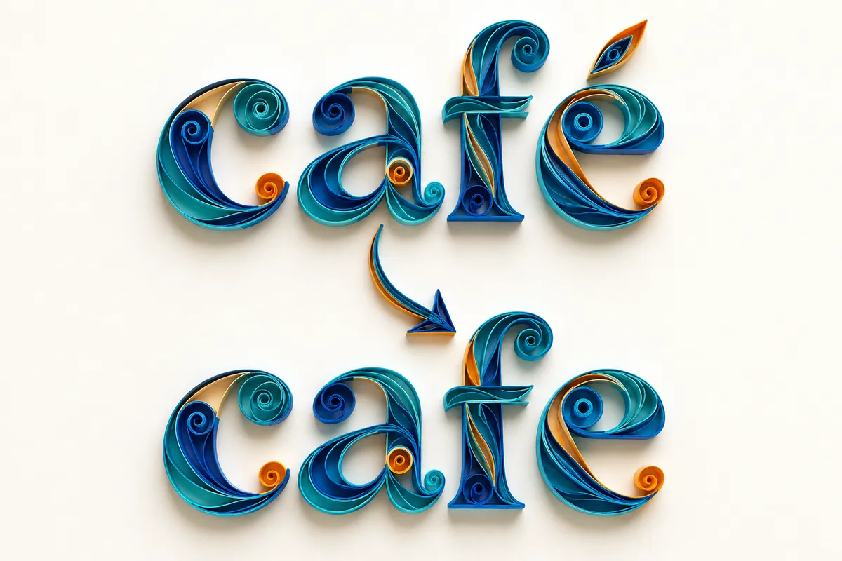 Curled blue and orange paper spelling café above cafe, joined by a small arrow