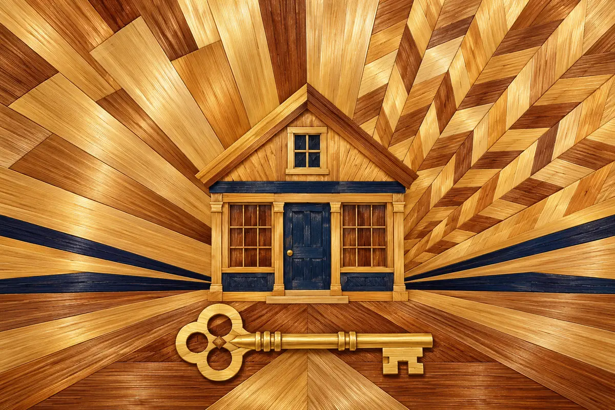 A workshop with a blue doorway and a brass key sits within a golden sunburst of straw inlay.
