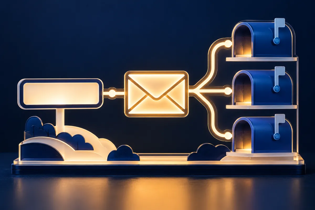A luminous acrylic envelope connects a small domain sign to three separate blue mailbox compartments.