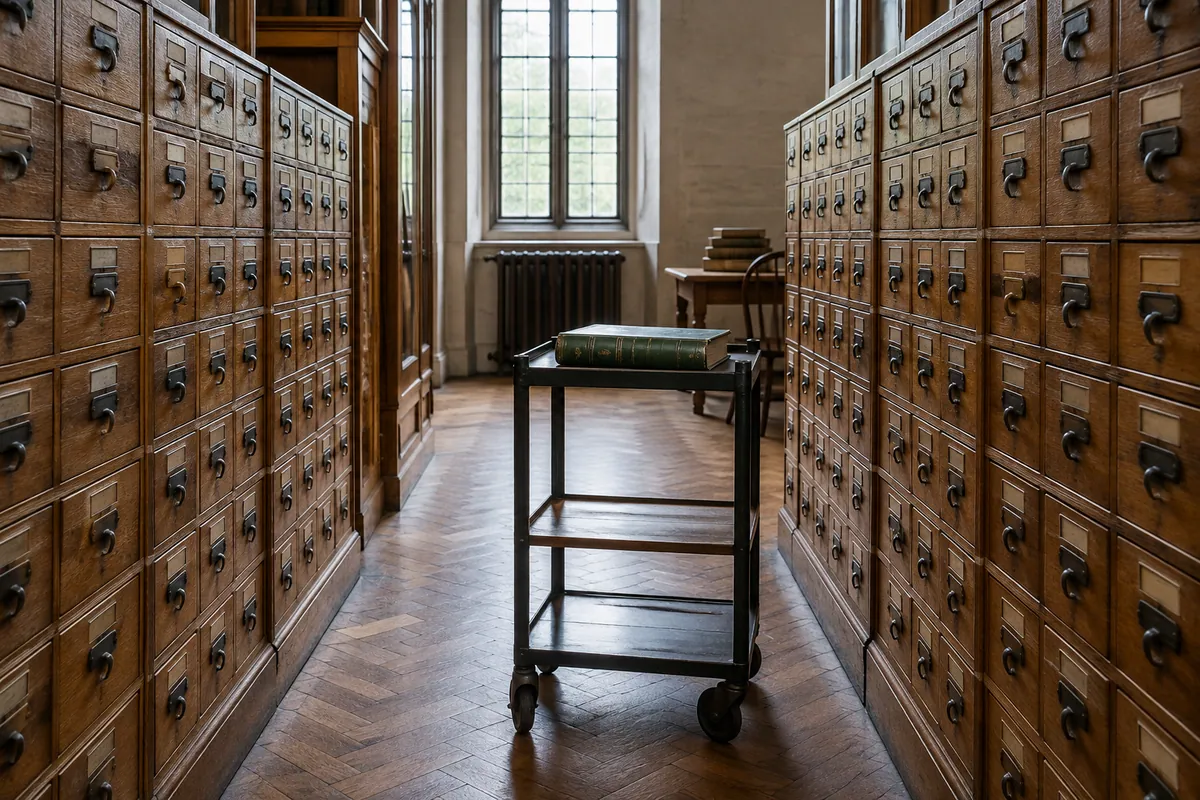 Oak index-card drawers and a green ledger on a trolley in a quiet archive aisle