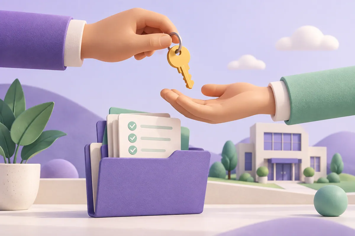 Two hands pass a key above a folder, illustrating a client domain handover.
