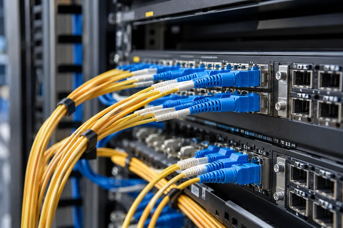 Amber and blue fibre optic leads connected to an organised network patch panel