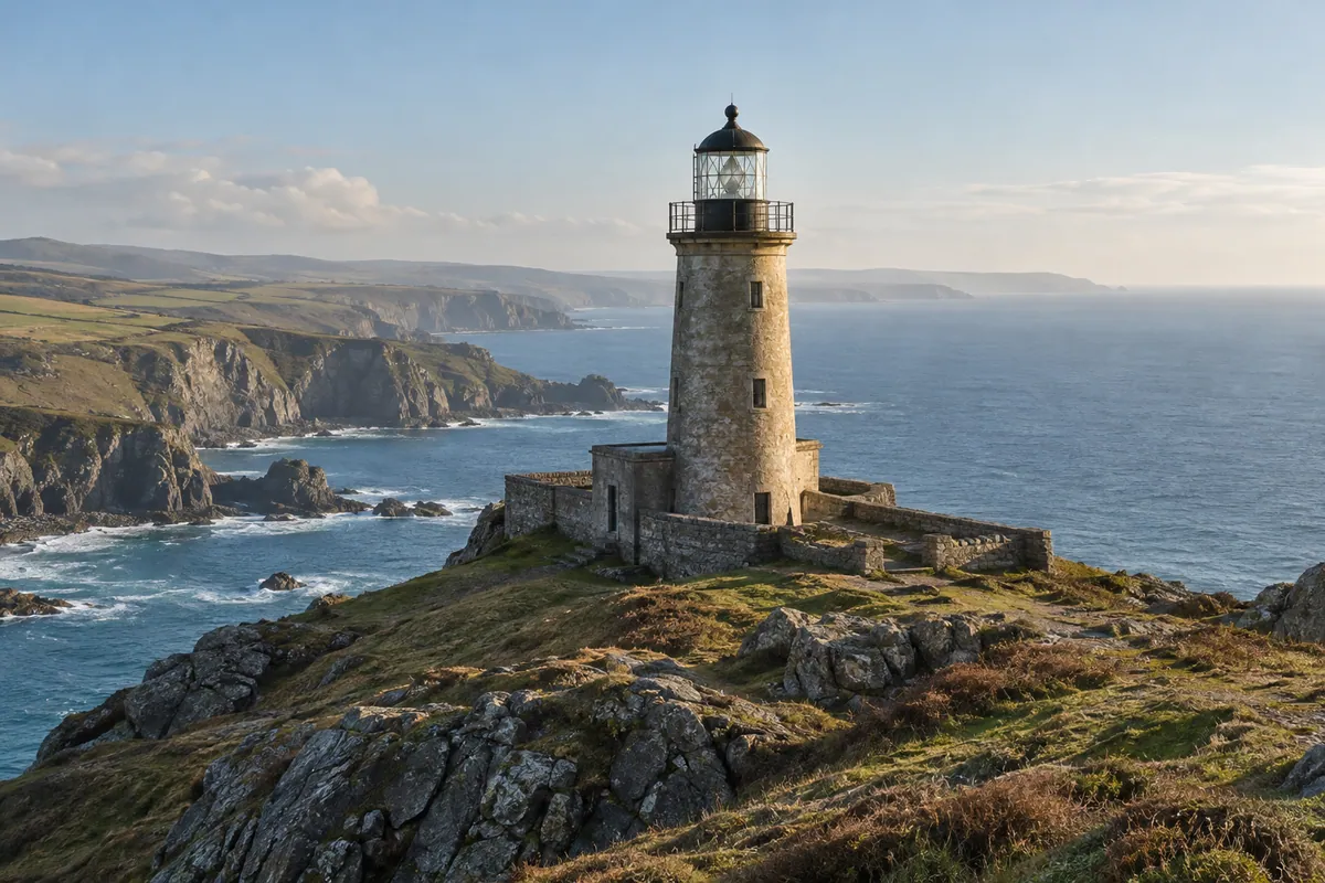 Stone lighthouse above a coastal headland with open sea beyond
