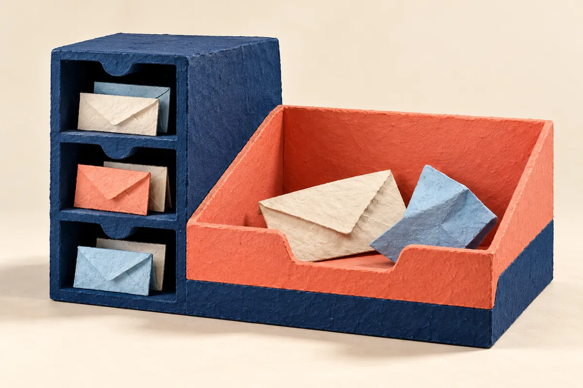 A textured navy paper mail sorter has three small cubbies beside a broad coral tray holding folded messages.