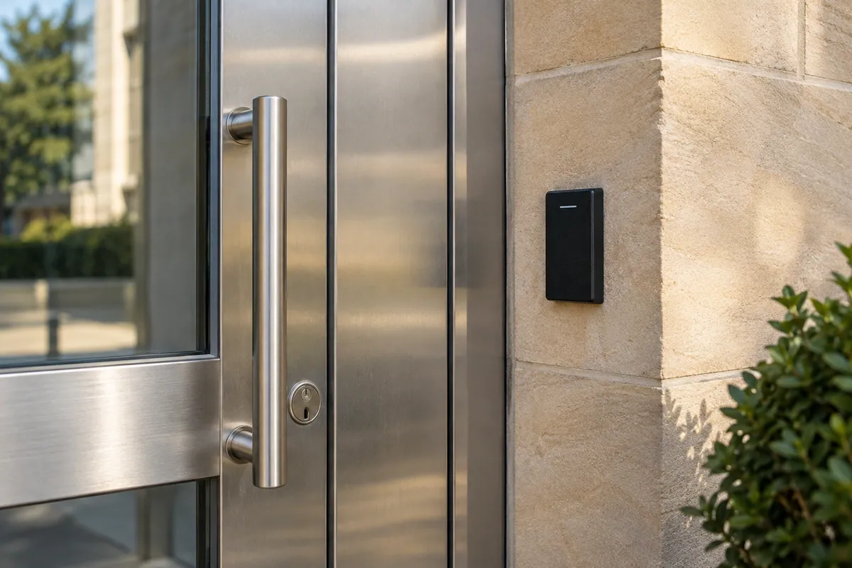 Brushed steel door and contactless access reader set into a stone wall