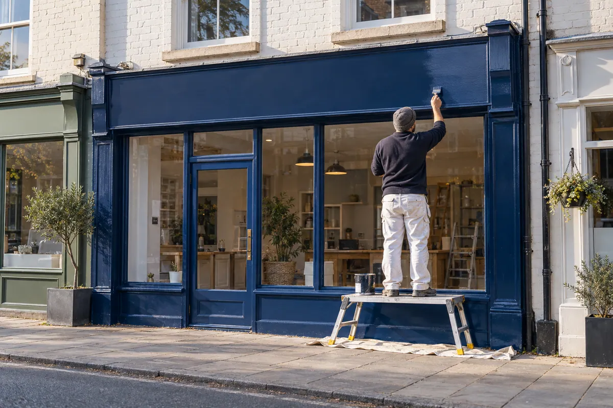 Painter applying navy paint to a blank shop fascia from a low work platform