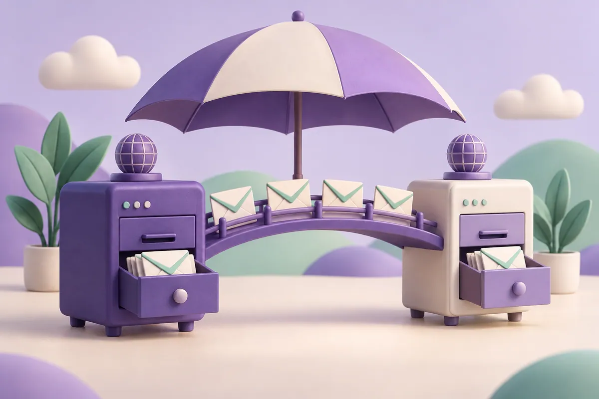 Envelopes cross a bridge between two mail cabinets beneath a protective umbrella.