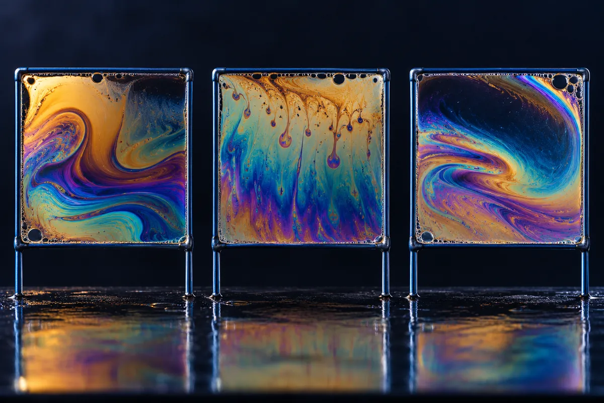 Three blue wire frames hold soap films with different swirling amber, teal and violet patterns against a dark background.