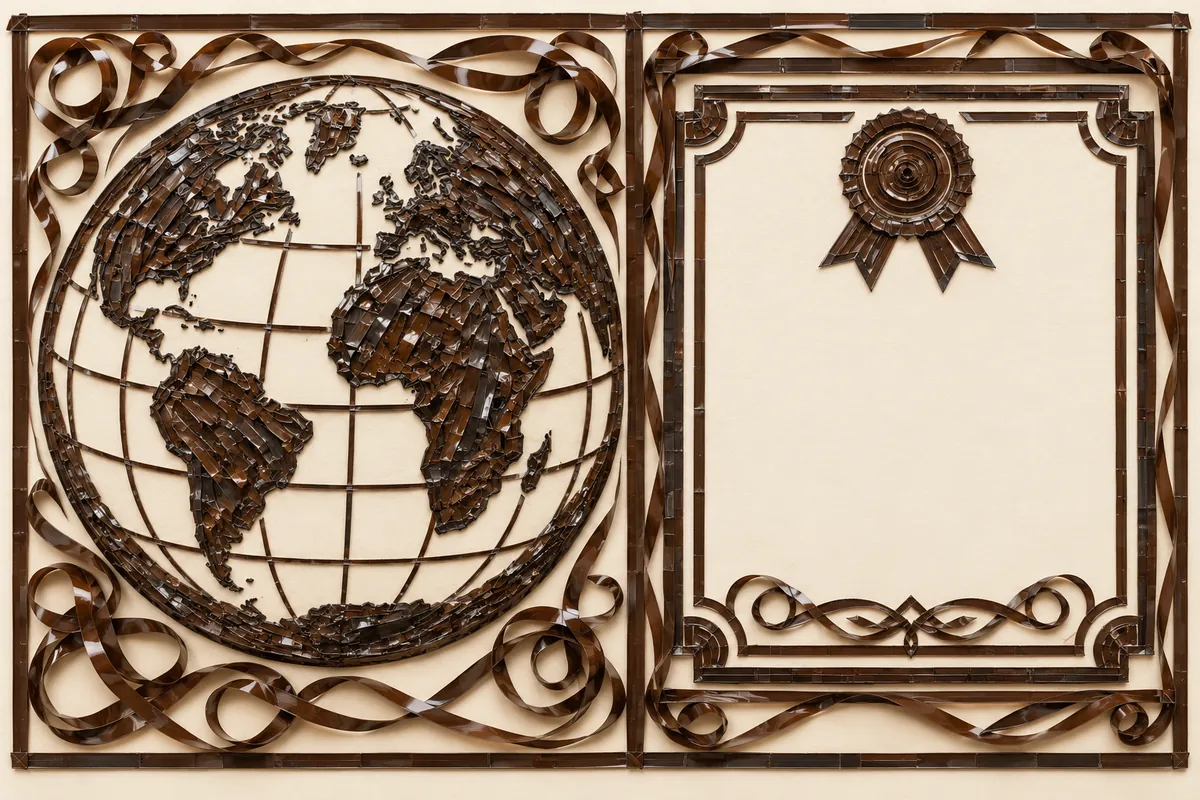 A cassette-tape mosaic separates a globe symbol from a blank certificate.