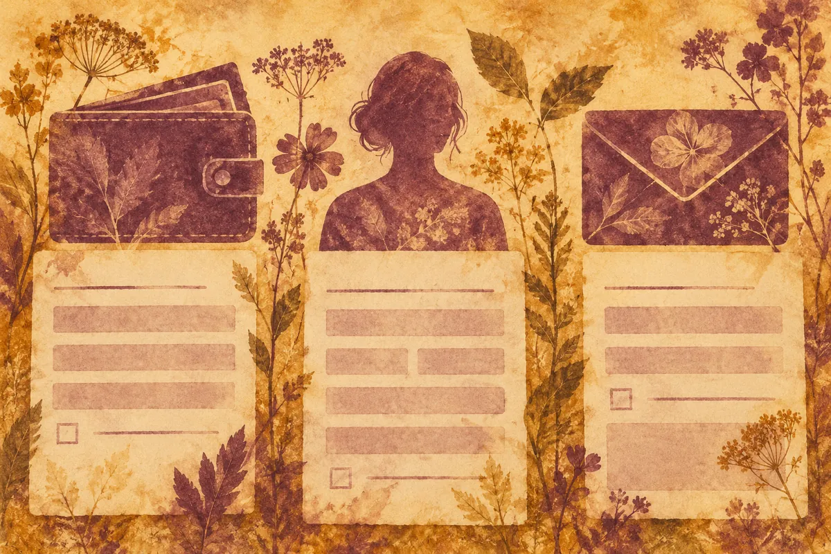 Three pale form outlines sit beside wallet, person and envelope symbols in a botanical pigment print.