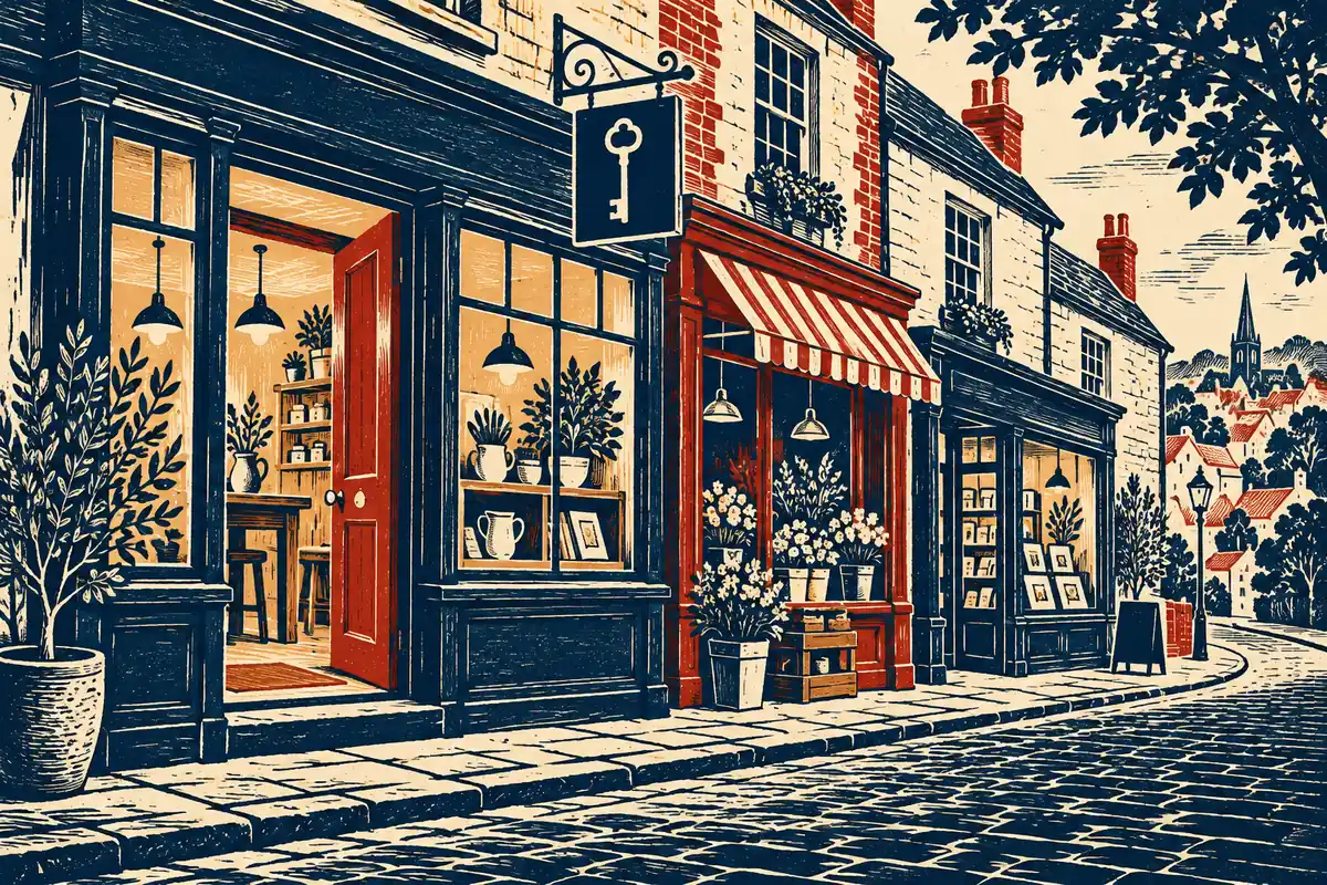 Navy and red linocut of independent shops along a British high street