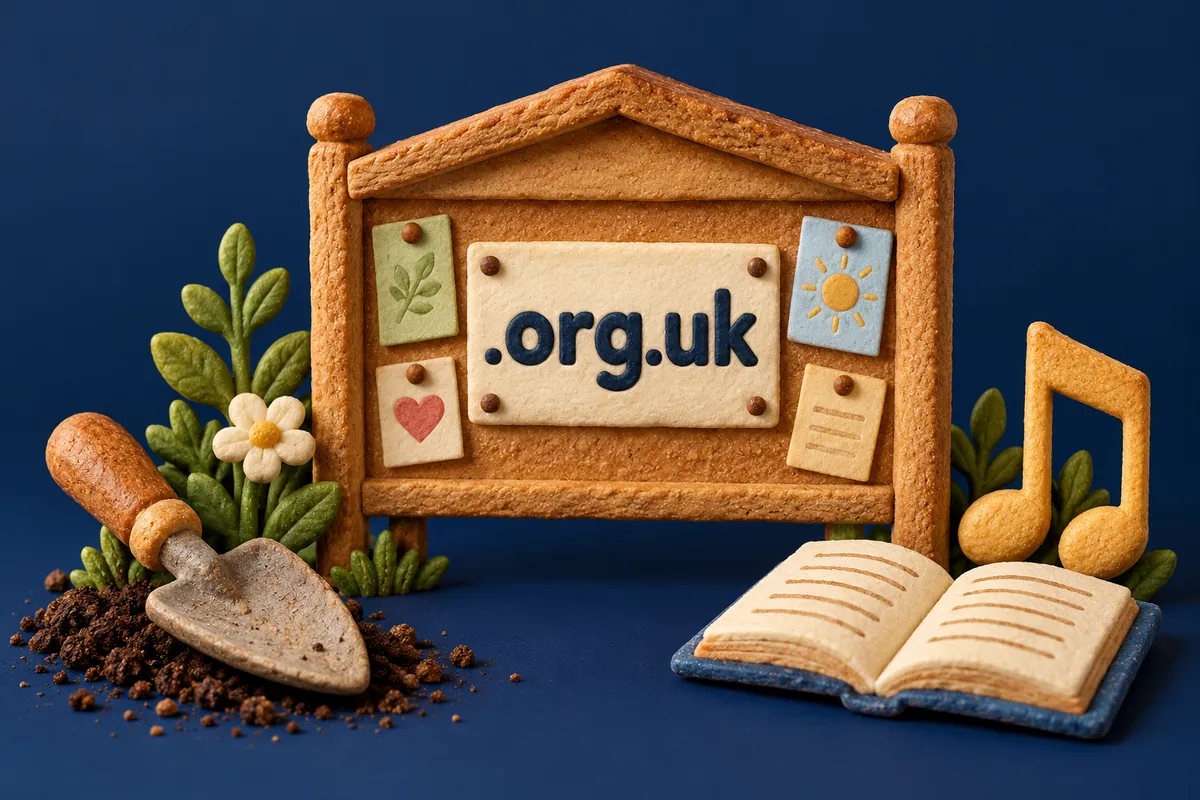 A salt-dough noticeboard marked .org.uk stands beside a trowel, music note and open book.