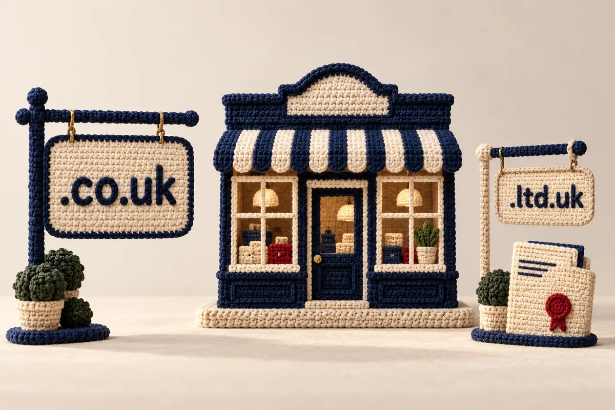 A navy crochet shop sits between a .co.uk sign and a .ltd.uk sign beside a stitched document.