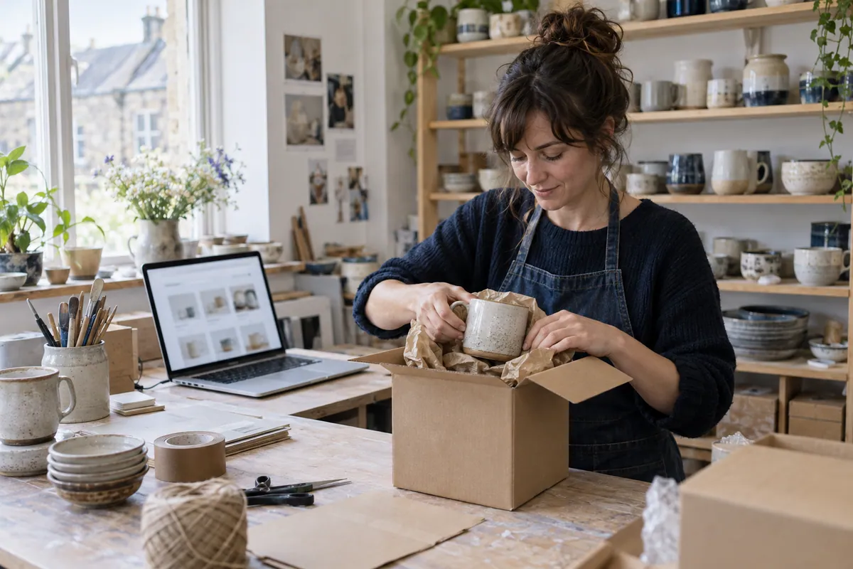 Ceramic maker packing a handmade mug beside a laptop in a pottery studio