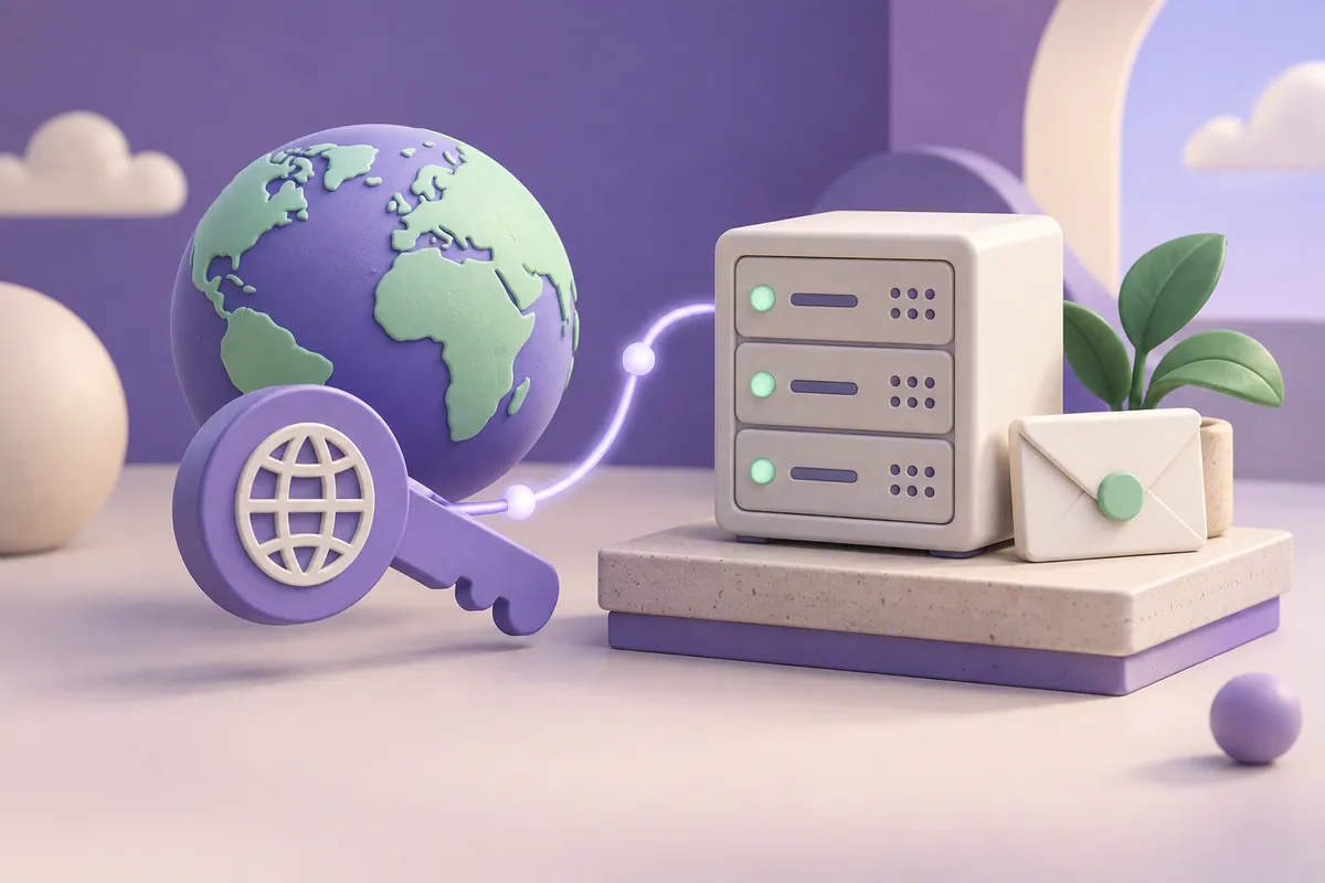 A globe and key connect to a hosting cabinet with an envelope kept alongside.