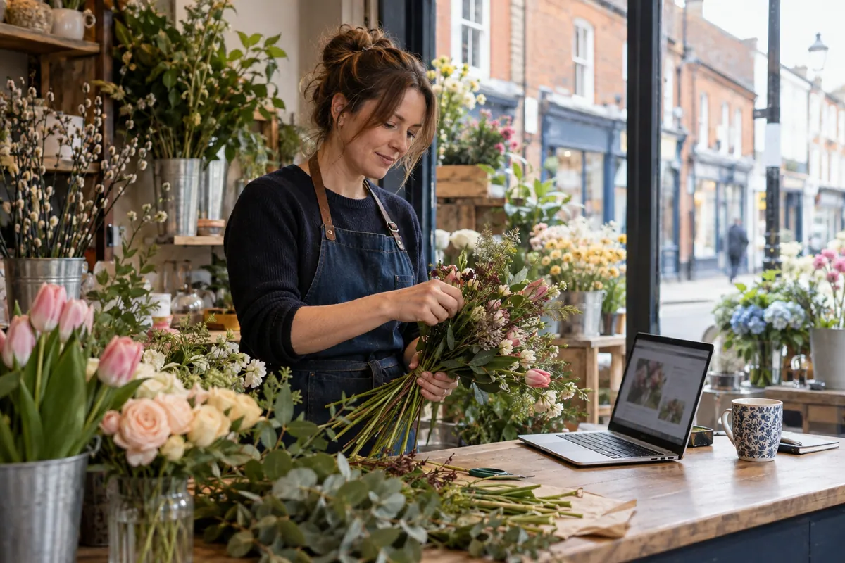 Florist arranging flowers beside a laptop at a small shop counter