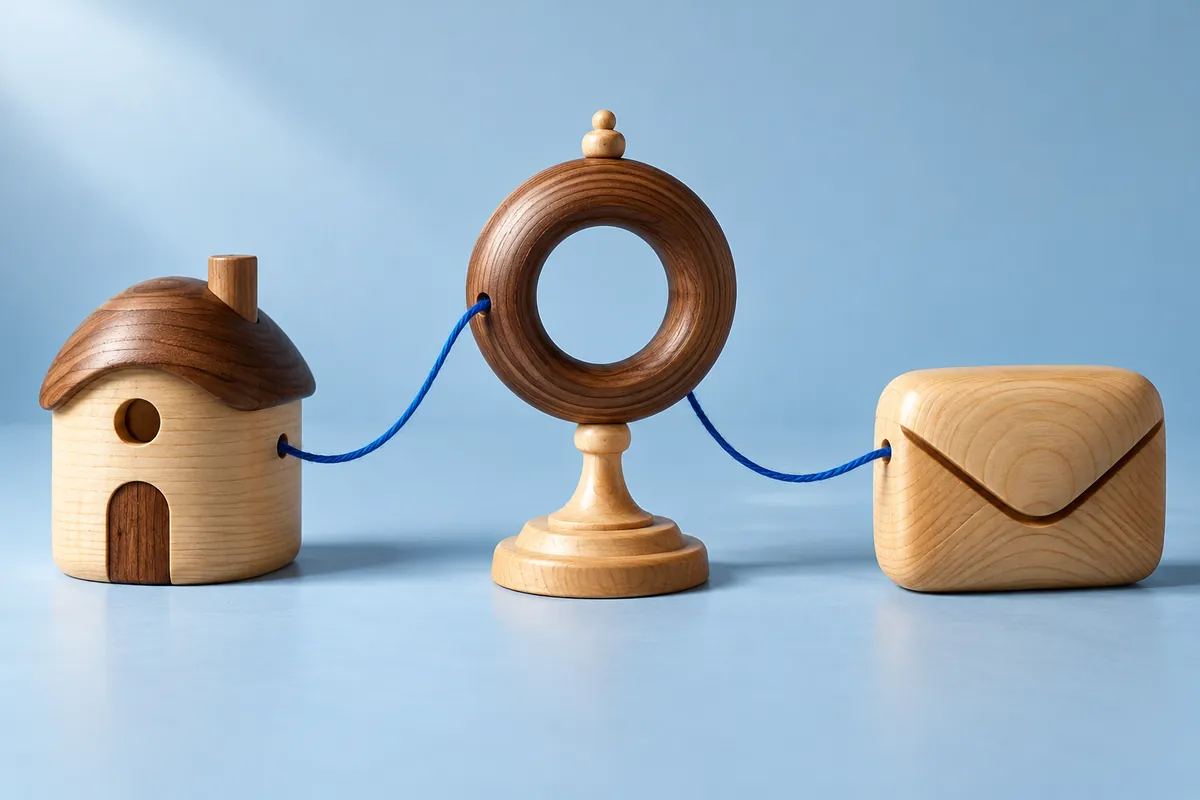 Wooden house, ring and envelope sculptures joined by blue thread on a pale blue surface.