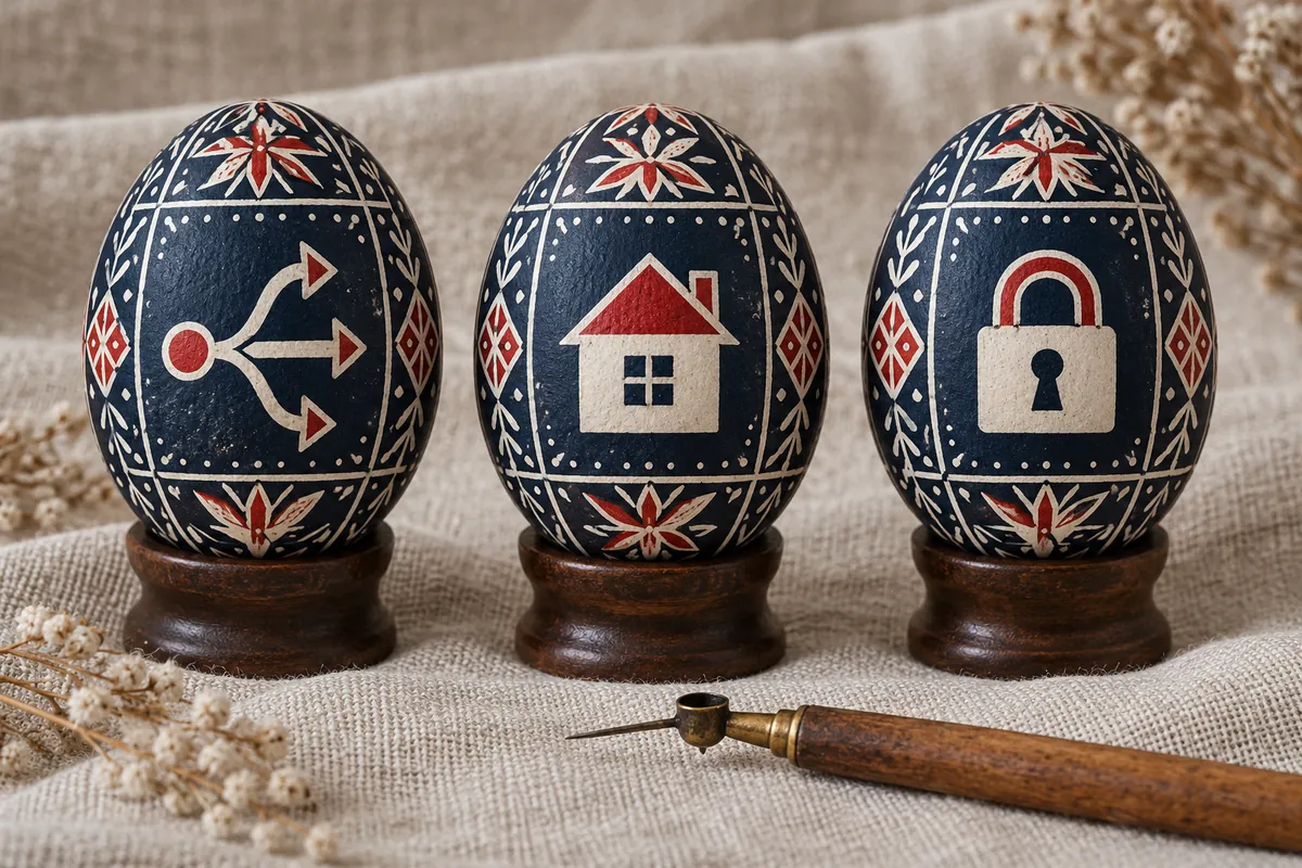 Three patterned navy eggs display a branching route, a house and a padlock on linen.