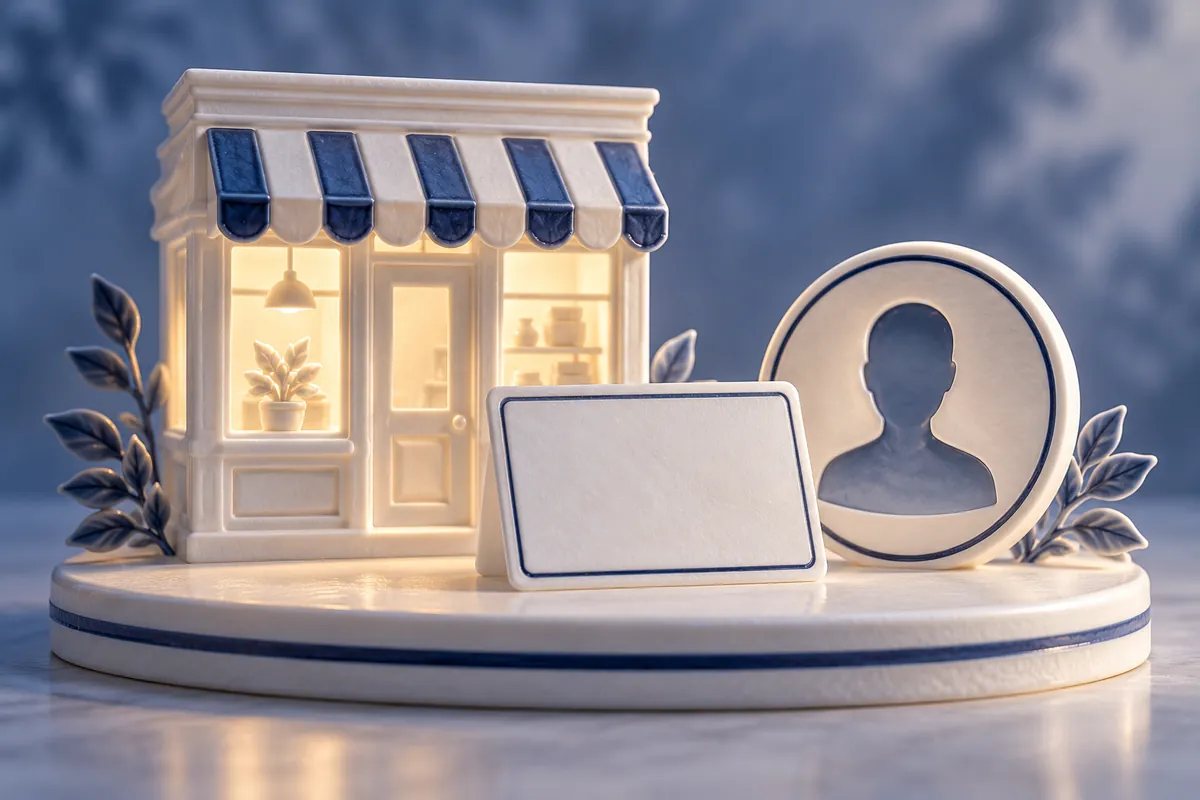 A backlit porcelain shopfront stands beside a blank address card and a round profile medallion