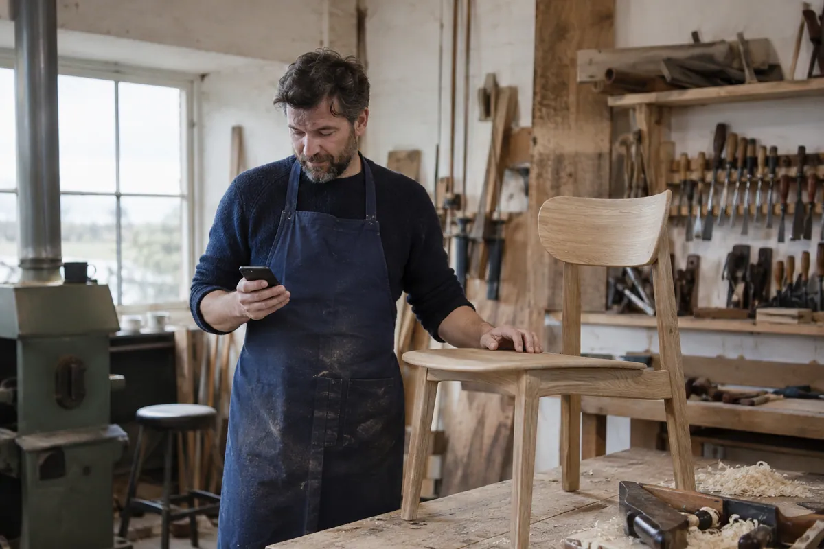 Furniture maker checking a phone beside an oak chair in a workshop