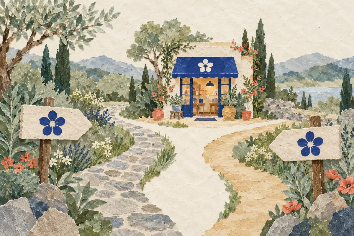 Two flower-marked signposts lead along garden paths to one shop in torn paper collage