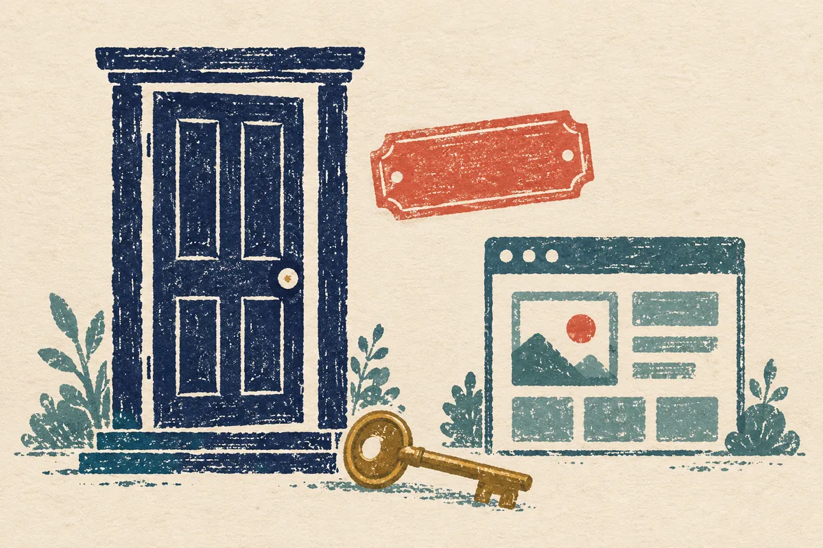 A navy stamped doorway, blank red address plaque and brass-coloured key sit beside a teal website-window illustration.
