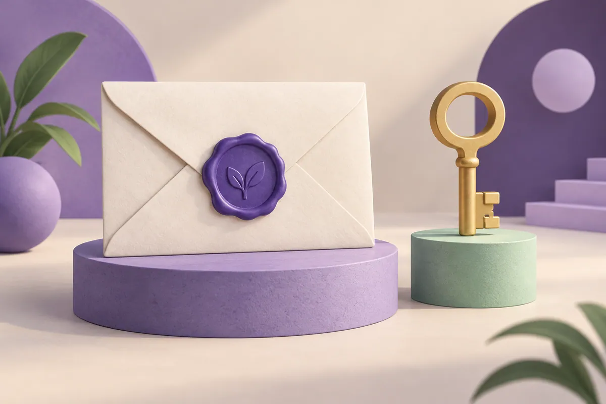A sealed envelope beside a separate public key illustrates email signing.