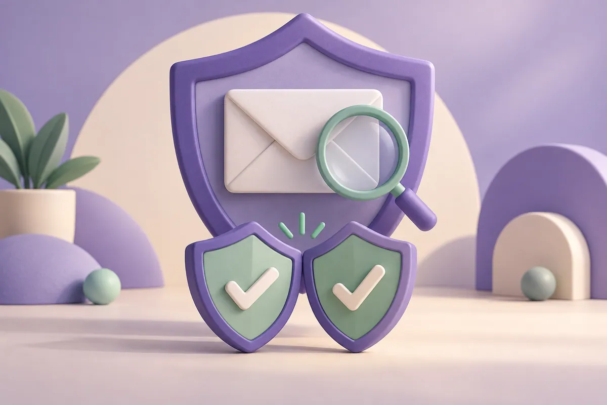 Two shields meet beneath a larger shield beside an envelope and magnifying glass.